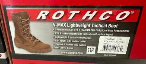 DESCRIPTION ROTHCO V-MAX LIGHTWEIGHT TACTICAL BOOT, BROWN SIZE 11R ADDITIONAL INFORMATION RETAILS FOR $63 LOCATION SOUTH WALL QTY 1