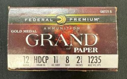 DESCRIPTION (6) 25CT BOXES OF 12 GAUGE SHOTGUN SHELLS BRAND / MODEL: FEDERAL ADDITIONAL INFORMATION #8 THIS LOT IS: 2-3/4" SIZE $16.99 EACH LOCATION A