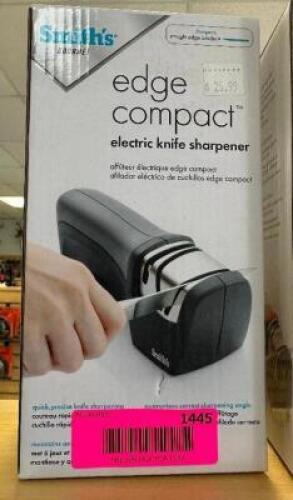 DESCRIPTION SMITHS COMPACT EDGE ELECTRIC KNIFE SHARPENER BRAND / MODEL: SMITHS ADDITIONAL INFORMATION RETAILS FOR $25.99 LOCATION MIDDLE FLOOR QTY 1