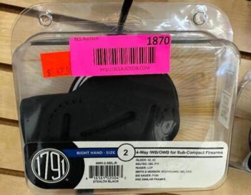 DESCRIPTION (3) 1791 RIGHT HAND SIZE 2 4-WAY HOLSTERS SUB COMPACT ADDITIONAL INFORMATION RETAILS FOR $47.99 THIS LOT IS: SOLD BY THE PIECE LOCATION WE