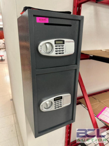 DESCRIPTION TWO COMPARTMENT WALL MOUNTED SAFE WITH DIGITAL COMBO. ADDITIONAL INFORMATION W/ COMBO. START 0 0 0 0 0 0 START LOCATION BACK STORAGE QTY 1