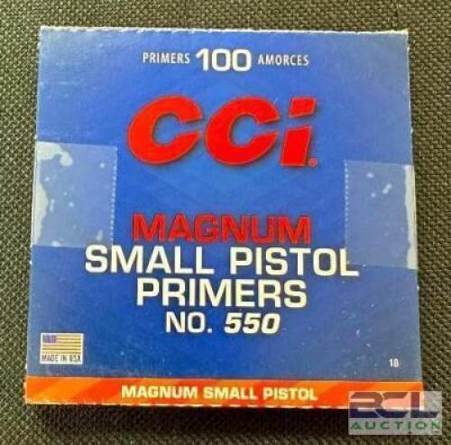 DESCRIPTION (6) 100CT BOXES OF CCI 550 MAGNUM SMALL PISTOL PRIMERS BRAND / MODEL: CCI 550 SIZE $12.99 EACH LOCATION AMMO WALL QTY 6