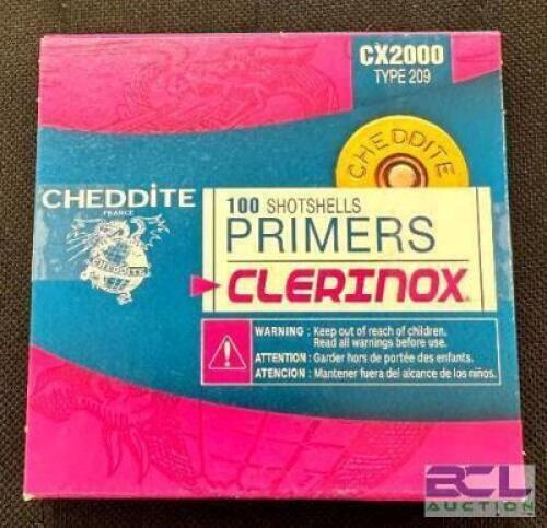 DESCRIPTION (3) 100CT BOXES OF NO. 209 SHOTSHELL PRIMERS BRAND / MODEL: CHEDDITE CX2000 SIZE $9.99 EACH LOCATION AMMO WALL QTY 3