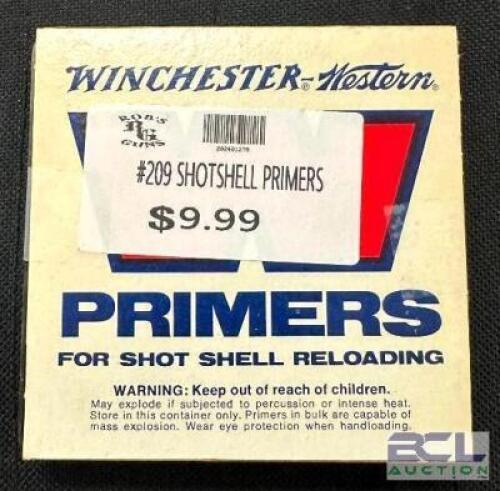 DESCRIPTION (8) 100CT BOXES OF NO. 209 SHOTSHELL PRIMERS BRAND / MODEL: WINCHESTER 209 SIZE $9.99 EACH LOCATION AMMO WALL QTY 8