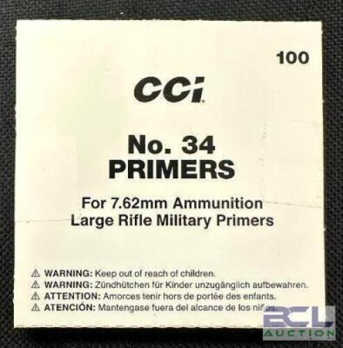 DESCRIPTION (10) 100CT BOXES OF NO. 34 7.62mm LARGE RIFLE MILITARY PRIMERS BRAND / MODEL: CCI 34 SIZE $15.99 EACH LOCATION AMMO WALL QTY 10