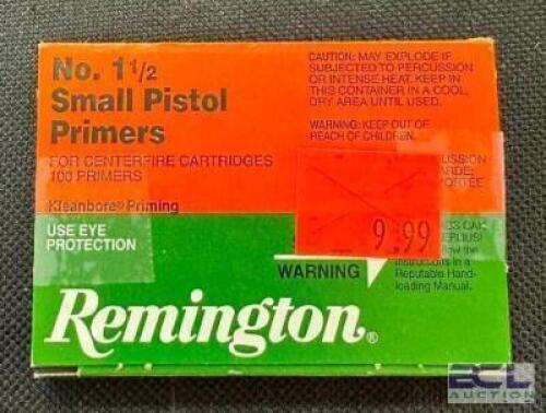 DESCRIPTION (16) 100CT BOXES OF NO. 1-1/2 SMALL PISTOL PRIMERS BRAND / MODEL: REMINGTON SIZE $9.99 EACH LOCATION AMMO WALL QTY 16