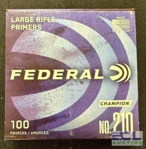 DESCRIPTION (1) 100CT BOX OF NO. 210 LARGE RIFLE PRIMERS BRAND / MODEL: FEDERAL 210 SIZE $13.99 EACH LOCATION AMMO WALL QTY 1