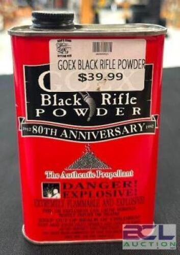 DESCRIPTION (4) CONTAINERS OF BLACK RIFLE POWDER BRAND / MODEL: GOEX SIZE $39.99 EACH LOCATION AMMO WALL QTY 4