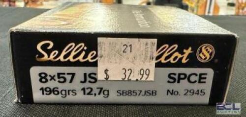 DESCRIPTION (4) 20CT BOXES OF 8X57 SPCE RIFLE AMMO BRAND / MODEL: SELLIER & BELLOT 2945 ADDITIONAL INFORMATION 196 GRAIN SIZE $32.99 EACH LOCATION AMM