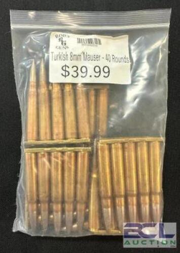DESCRIPTION (2) 40CT BAGS OF TURKISH 8mm MAUSER AMMO SIZE $39.99 EACH LOCATION AMMO WALL QTY 2