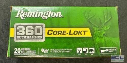 DESCRIPTION (2) 20CT BOXES OF 360 BUCKHAMMER AMMO BRAND / MODEL: REMINGTON CORE-LOKT SP ADDITIONAL INFORMATION 200 GRAIN SIZE $37.99 EACH LOCATION AMM