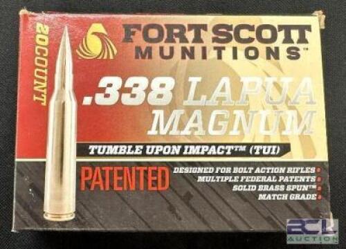DESCRIPTION (1) 20CT BOX OF 338 LAPUA MAGNUM AMMO BRAND / MODEL: FORT SCOTT TUI ADDITIONAL INFORMATION 250 GRAIN SIZE $131.99 LOCATION AMMO WALL QTY 1