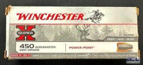 DESCRIPTION (1) 20CT BOX OF 450 BUSHMASTER AMMO BRAND / MODEL: WINCHESTER SUPER X ADDITIONAL INFORMATION 260 GRAIN SIZE $49.99 EACH LOCATION AMMO WALL