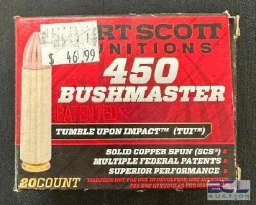 DESCRIPTION (2) 20CT BOXES OF 450 BUSHMASTER AMMO BRAND / MODEL: FORT SCOTT TUI ADDITIONAL INFORMATION 250 GRAIN SIZE $46.99 EACH LOCATION AMMO WALL Q