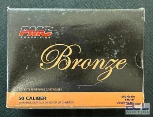 DESCRIPTION (6) 10CT BOXES OF 50 CALIBER AMMO BRAND / MODEL: PMC BRONZE ADDITIONAL INFORMATION 660 GRAIN SIZE $55.99 EACH LOCATION AMMO WALL QTY 6