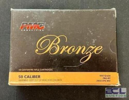 DESCRIPTION (6) 10CT BOXES OF 50 CALIBER AMMO BRAND / MODEL: PMC BRONZE ADDITIONAL INFORMATION 660 GRAIN SIZE $55.99 EACH LOCATION AMMO WALL QTY 6