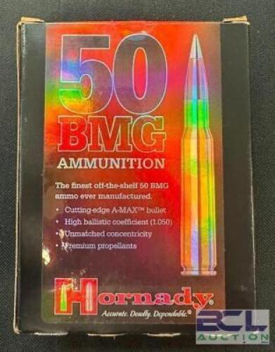 DESCRIPTION (1) 10CT BOX OF 50 BMG AMMO BRAND / MODEL: HORNADY 8270 ADDITIONAL INFORMATION 750 GRAIN SIZE $119.99 LOCATION AMMO WALL QTY 1