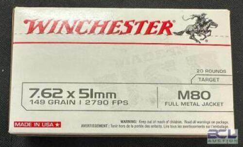 DESCRIPTION (10) 20CT BOXES OF 7.62X51mm M80 FULL METAL JACKET AMMO BRAND / MODEL: WINCHESTER ADDITIONAL INFORMATION 149 GRAIN SIZE $24.99 EACH LOCATI