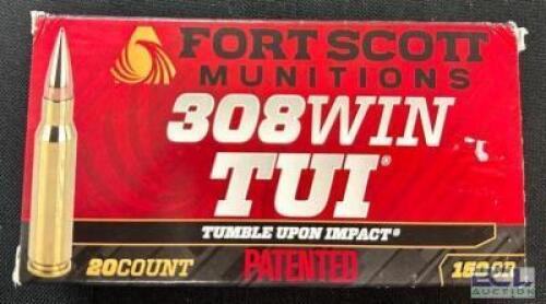 DESCRIPTION (3) 20CT BOXES OF 308 WINCHESTER AMMO BRAND / MODEL: FORT SCOTT TUI ADDITIONAL INFORMATION 150 GRAIN SIZE $48.99 EACH LOCATION AMMO WALL Q