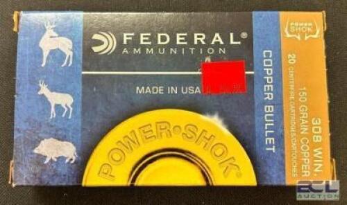 DESCRIPTION (2) 20CT BOXES OF 308 WINCHESTER COPPER AMMO BRAND / MODEL: FEDERAL ADDITIONAL INFORMATION 150 GRAIN SIZE $40.99 EACH LOCATION AMMO WALL Q