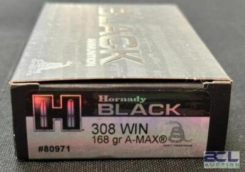 DESCRIPTION (4) 20CT BOXES OF 308 WINCHESTER AMMO BRAND / MODEL: HORNADY BLACK A-MAX ADDITIONAL INFORMATION 168 GRAIN SIZE $42.99 EACH LOCATION AMMO W