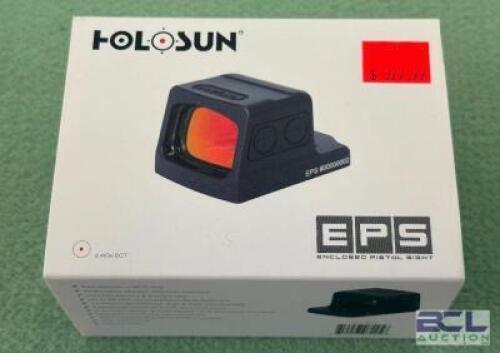 DESCRIPTION RED DOT ENCLOSED PISTOL SIGHT BRAND / MODEL: HOLOSUN ADDITIONAL INFORMATION NEW IN BOX. SIZE OPTICS COUNTER LOCATION ONE MONEY QTY 1
