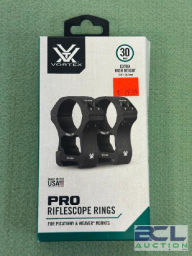 DESCRIPTION 30 MM PRO RIFLESCOPE RINGS BRAND / MODEL: VORTEX OPTICS SIZE OPTICS COUNTER LOCATION ONE MONEY QTY 1