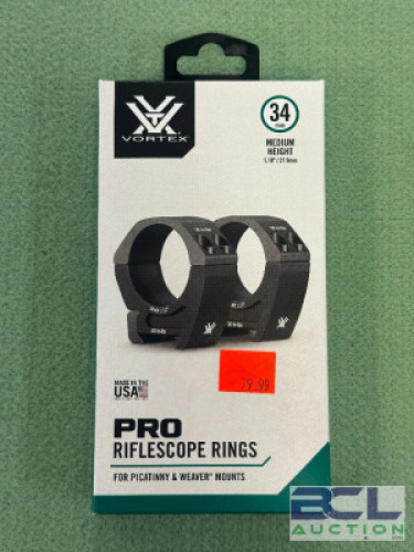DESCRIPTION 34 MM PRO RIFLESCOPE RINGS BRAND / MODEL: VORTEX OPTICS SIZE OPTICS COUNTER LOCATION ONE MONEY QTY 1