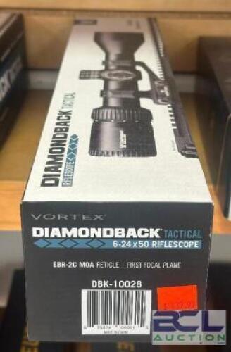 DESCRIPTION DIAMONDBACK TACTICAL 6-24X50 RIFLESCOPE BRAND / MODEL: VORTEX OPTICS SIZE OPTICS COUNTER LOCATION ONE MONEY QTY 1