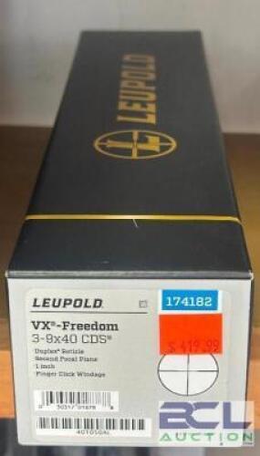 DESCRIPTION VX FREEDOM 3-9 X 40 CDS SCOPE BRAND / MODEL: LEUPOLD SIZE OPTICS COUNTER LOCATION ONE MONEY QTY 1