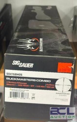 DESCRIPTION BUCKMASTER COMBO 4-16 X 44MM RIFLESCOPE AND SIDE FOCUS RANGEFINDER BRAND / MODEL: SIG SAUER ADDITIONAL INFORMATION SCOPE AND FINDER COMBO.