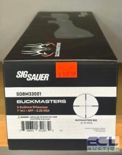 DESCRIPTION BUCKMASTER 3-9 X 40MM RIFLESCOPE BRAND / MODEL: SIG SAUER SIZE OPTICS COUNTER LOCATION ONE MONEY QTY 1