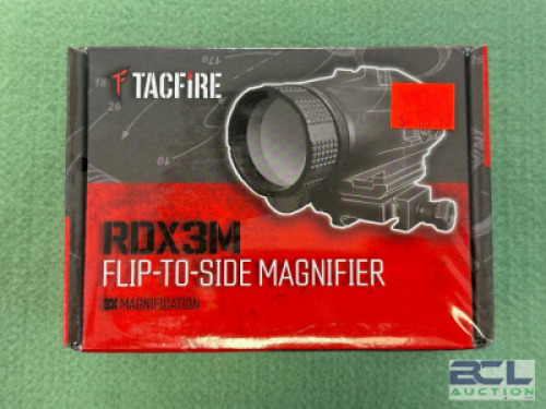 DESCRIPTION FLIP TO SIDE MAGNIFIER BRAND / MODEL: TACFIRE SIZE OPTICS COUNTER LOCATION ONE MONEY QTY 1