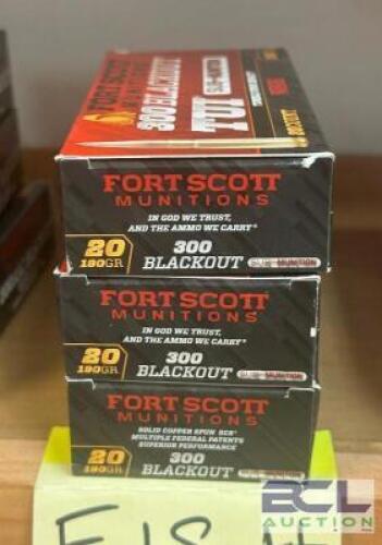 DESCRIPTION (3) - BOXES OF RIFLE AMMO BRAND / MODEL: FORT SCOTT SIZE OPTICS COUNTER LOCATION SOLD BY THE PIECE QTY 3