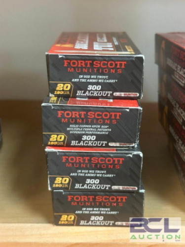 DESCRIPTION (4) - BOXES OF RIFLE AMMO BRAND / MODEL: FORT SCOTT SIZE OPTICS COUNTER LOCATION SOLD BY THE PIECE QTY 4
