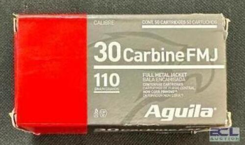 DESCRIPTION (3) 50CT BOXES OF 30 CARBINE FULL METAL JACKET AMMO BRAND / MODEL: AGUILA ADDITIONAL INFORMATION 110 GRAIN SIZE $52.99 EACH LOCATION AMMO