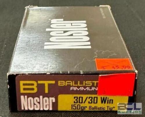 DESCRIPTION (1) 20CT BOX OF 30-30 WINCHESTER AMMO BRAND / MODEL: BT NOSLER ADDITIONAL INFORMATION 150 GRAIN SIZE $45.99 LOCATION AMMO WALL QTY 1