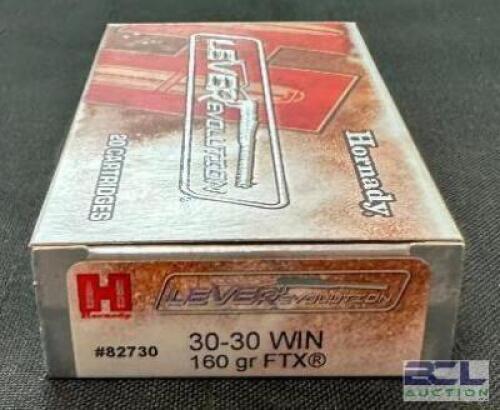 DESCRIPTION (5) 20CT BOXES OF 30-30 WINCHESTER AMMO BRAND / MODEL: HORNADY LEVEREVOLUTION FTX 82730 ADDITIONAL INFORMATION 160 GRAIN SIZE $40.99 EACH