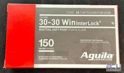 DESCRIPTION (9) 20CT BOXES OF 30-30 WINCHESTER AMMO BRAND / MODEL: AGUILA INTERLOCK ADDITIONAL INFORMATION 150 GRAIN SIZE $28.99 EACH LOCATION AMMO WA
