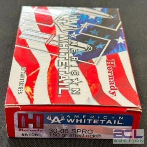 DESCRIPTION (3) 20CT BOXES OF 30-06 SPRINGFIELD AMMO BRAND / MODEL: HORNADY INTERLOCK AMERICAN WHITETAIL 8108 ADDITIONAL INFORMATION 150 GRAIN SIZE $3