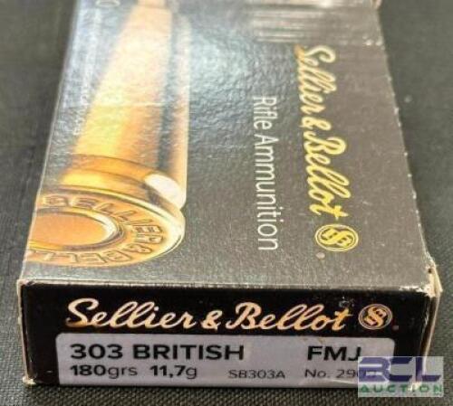 DESCRIPTION (5) 20CT BOXES OF 303 BRITISH FULL METAL JACKET AMMO BRAND / MODEL: SELLIER & BELLOT ADDITIONAL INFORMATION 180 GRAIN SIZE $23.99 EACH LOC