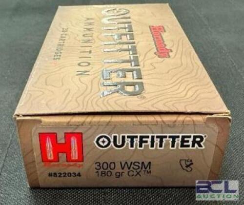 DESCRIPTION (4) 20CT BOXES OF 300 WINCHESTER MAGNUM AMMO BRAND / MODEL: HORNADY OUTFITTER CX 822034 ADDITIONAL INFORMATION 180 GRAIN SIZE $68.99 EACH