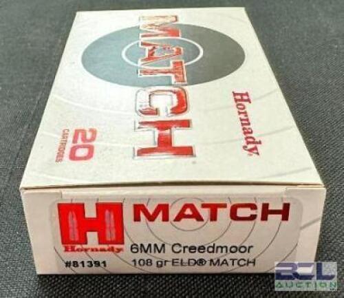 DESCRIPTION (5) 20CT BOXES OF 6mm CREEDMOOR AMMO BRAND / MODEL: HORNADY ELD MATCH 81391 ADDITIONAL INFORMATION 108 GRAIN SIZE $41.99 EACH LOCATION AMM