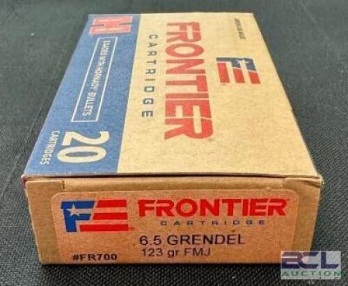 DESCRIPTION (6) 20CT BOXES OF 6.5 GRENDEL AMMO BRAND / MODEL: FRONTIER FB700 ADDITIONAL INFORMATION 123 GRAIN SIZE $17.99 EACH LOCATION AMMO WALL QTY