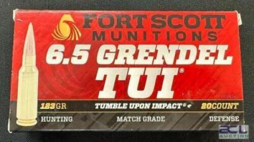 DESCRIPTION (1) 20CT BOX OF 6.5 GRENDEL AMMO BRAND / MODEL: FORT SCOTT TUI ADDITIONAL INFORMATION 123 GRAIN SIZE $41.99 LOCATION AMMO WALL QTY 1