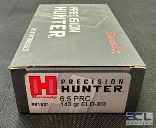 DESCRIPTION (4) 20CT BOXES OF 6.5 PRC AMMO BRAND / MODEL: HORNADY PRECISION HUNTER ELD-X 82166 ADDITIONAL INFORMATION 143 GRAIN SIZE $63.99 EACH LOCAT