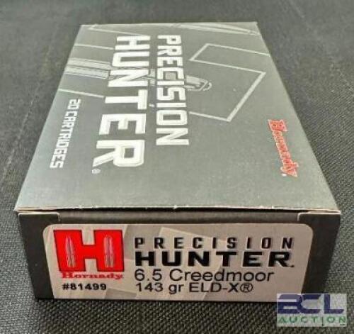 DESCRIPTION (4) 20CT BOXES OF 6.5 CREEDMOOR AMMO BRAND / MODEL: HORNADY PRECISION HUNTER ELD-X 81499 ADDITIONAL INFORMATION 143 GRAIN SIZE $54.99 EACH