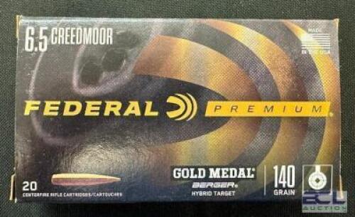 DESCRIPTION (5) 20CT BOXES OF 6.5 CREEDMOOR AMMO BRAND / MODEL: FEDERAL HYBRID TARGET ADDITIONAL INFORMATION 140 GRAIN SIZE $48.99 EACH LOCATION AMMO