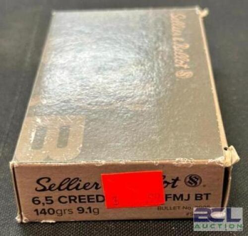 DESCRIPTION (1) 20CT BOX OF 6.5 CREEDMOOR AMMO BRAND / MODEL: SELLIER & BELLOT FMJ BT ADDITIONAL INFORMATION 140 GRAIN SIZE $22.99 LOCATION AMMO WALL