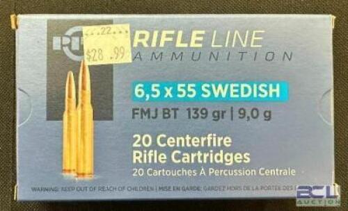 DESCRIPTION (3) 20CT BOXES OF 6.5X55 SWEDISH AMMO BRAND / MODEL: PPU FMJ BT ADDITIONAL INFORMATION 139 GRAIN SIZE $28.99 EACH LOCATION AMMO WALL QTY 3